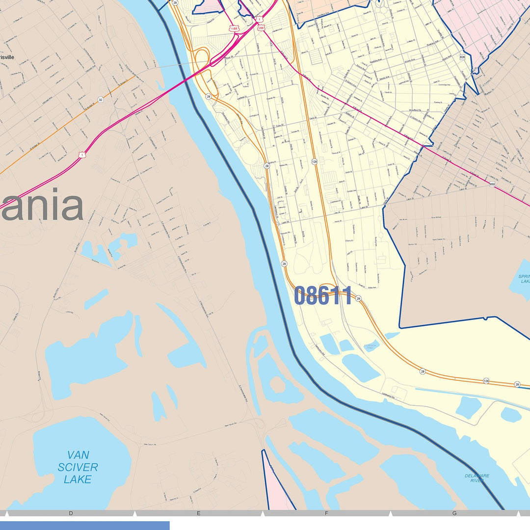 Color Cast Zip Code Style Wall Map of Trenton, NJ