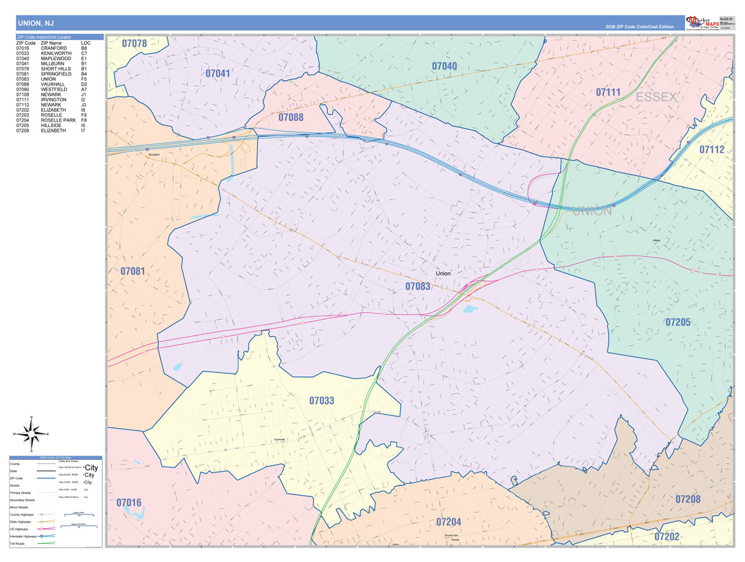 Color Cast Zip Code Style Wall Map of Union, NJ