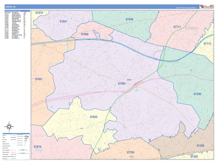 Color Cast Zip Code Style Wall Map of Union, NJ