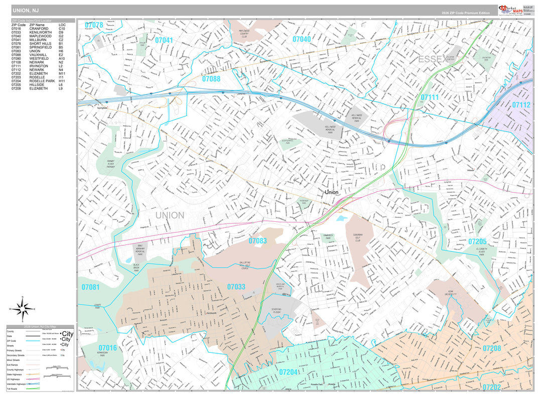 Premium Style Wall Map of Union, NJ