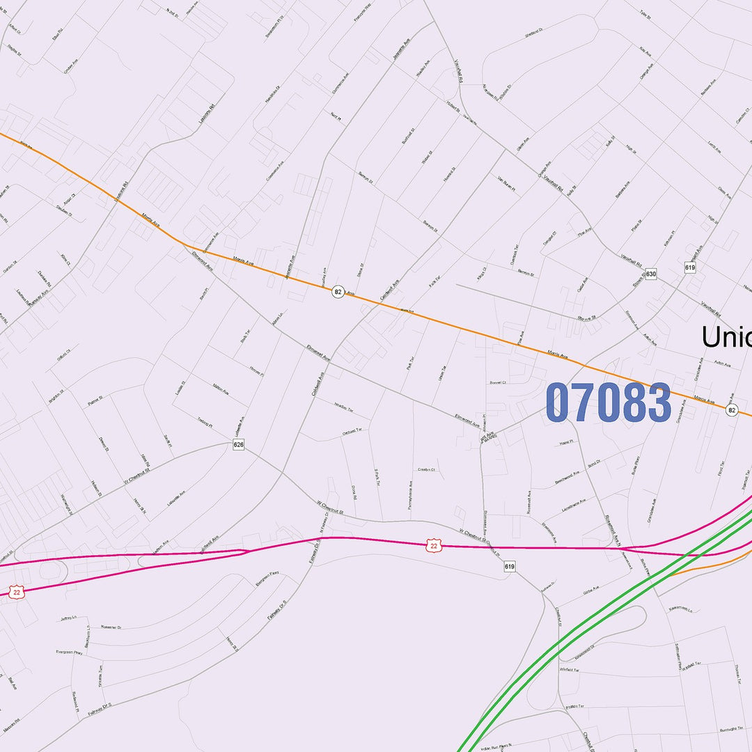 Color Cast Zip Code Style Wall Map of Union, NJ