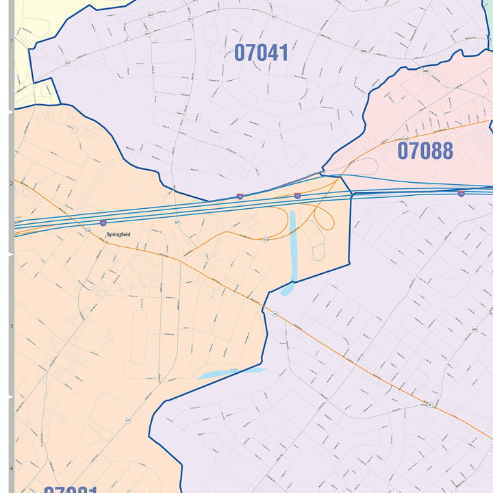 Color Cast Zip Code Style Wall Map of Union, NJ