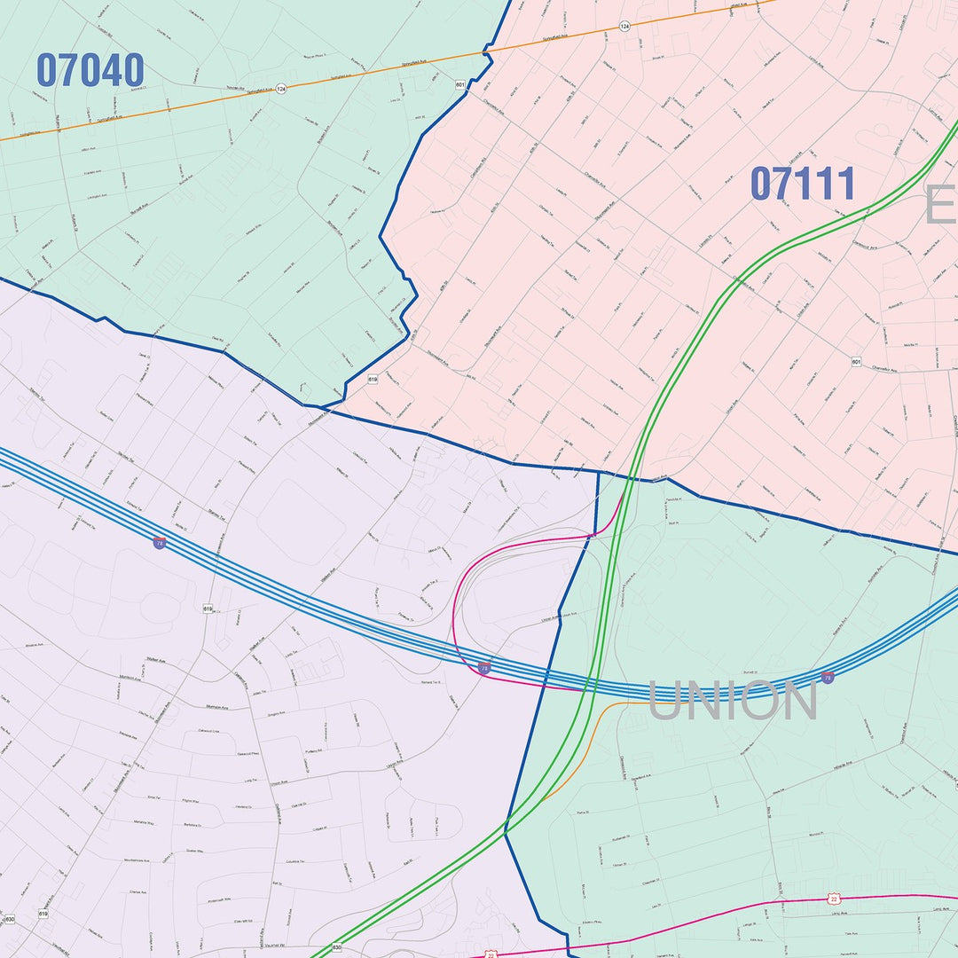 Color Cast Zip Code Style Wall Map of Union, NJ