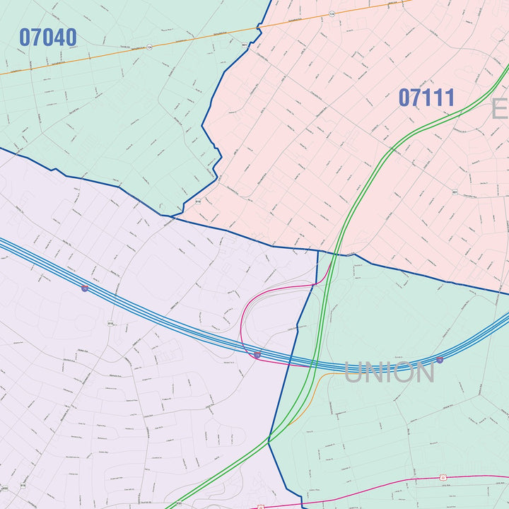 Color Cast Zip Code Style Wall Map of Union, NJ