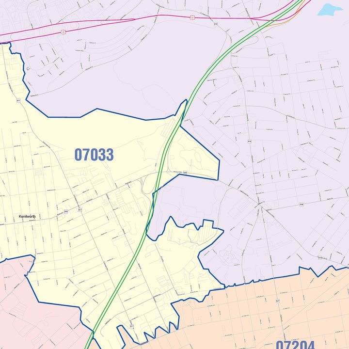 Color Cast Zip Code Style Wall Map of Union, NJ