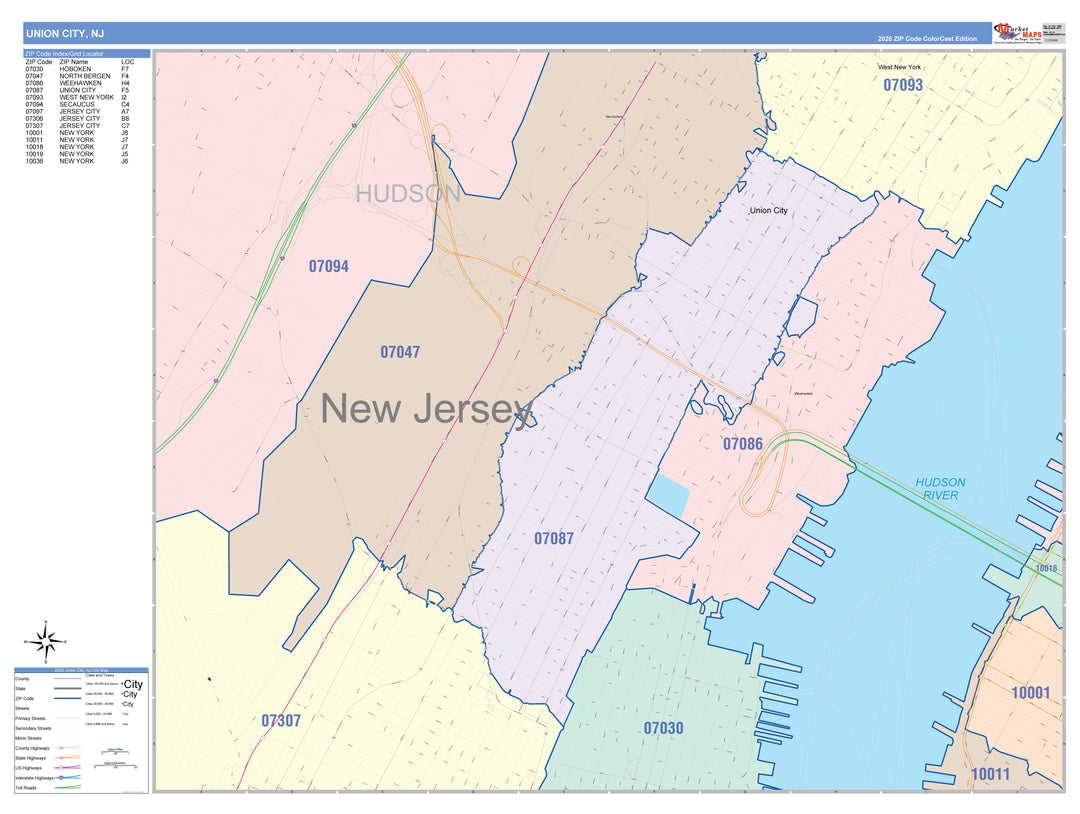 Color Cast Zip Code Style Wall Map of Union City, NJ