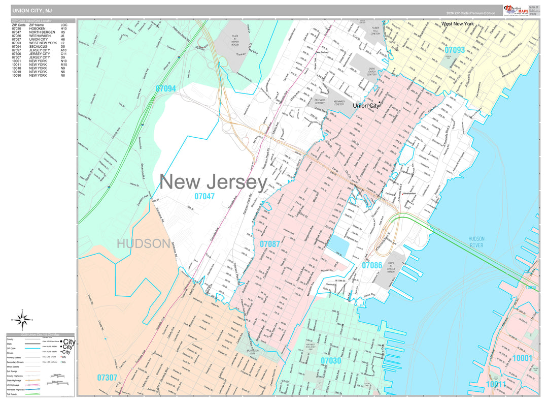Premium Style Wall Map of Union City, NJ
