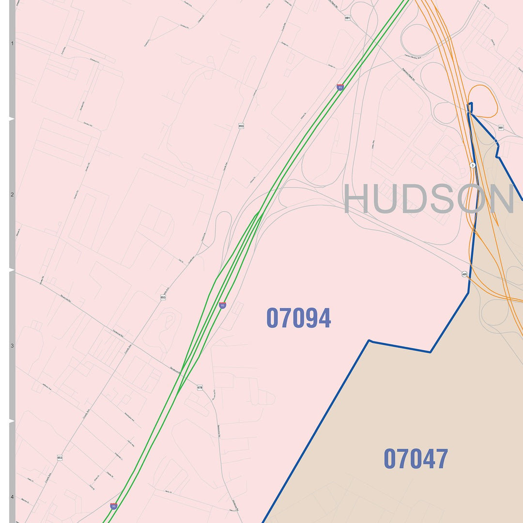 Color Cast Zip Code Style Wall Map of Union City, NJ