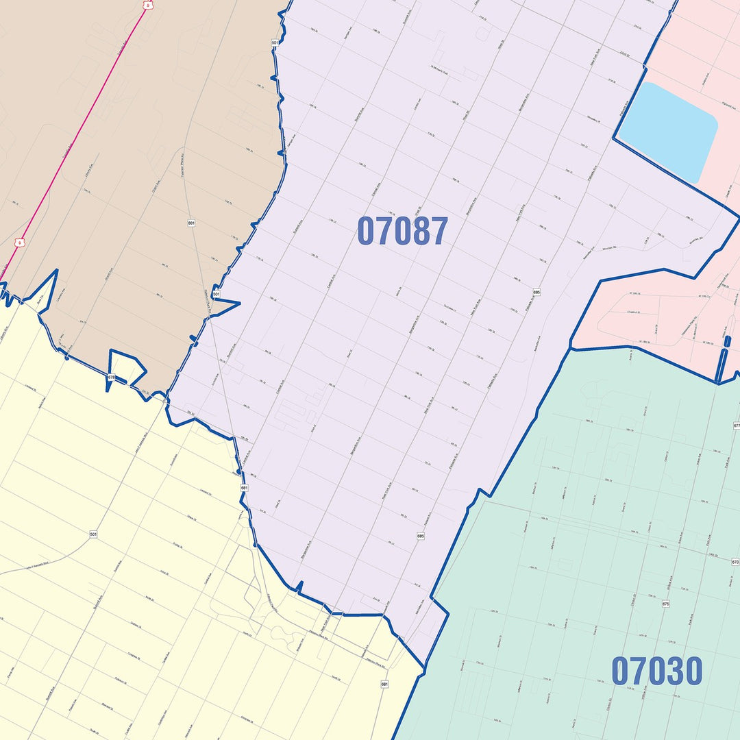 Color Cast Zip Code Style Wall Map of Union City, NJ