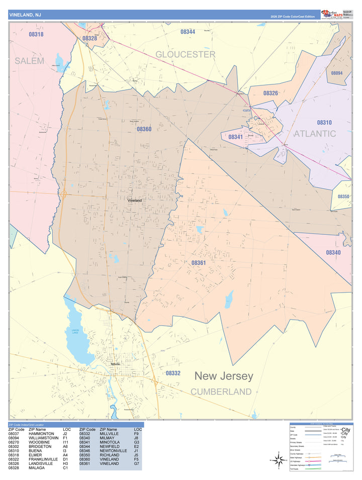 Color Cast Zip Code Style Wall Map of Vineland, NJ