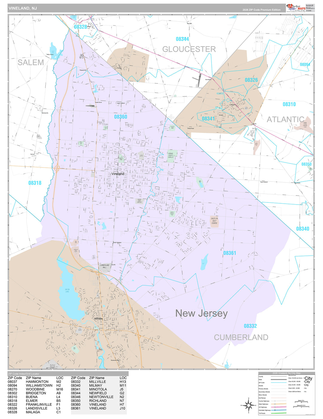 Premium Style Wall Map of Vineland, NJ