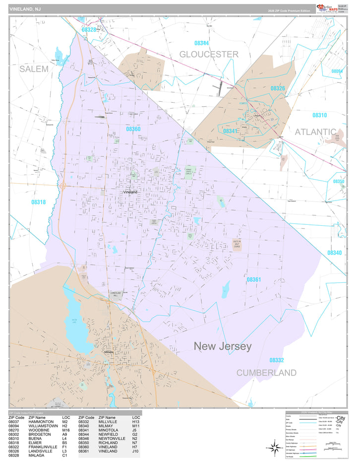 Premium Style Wall Map of Vineland, NJ