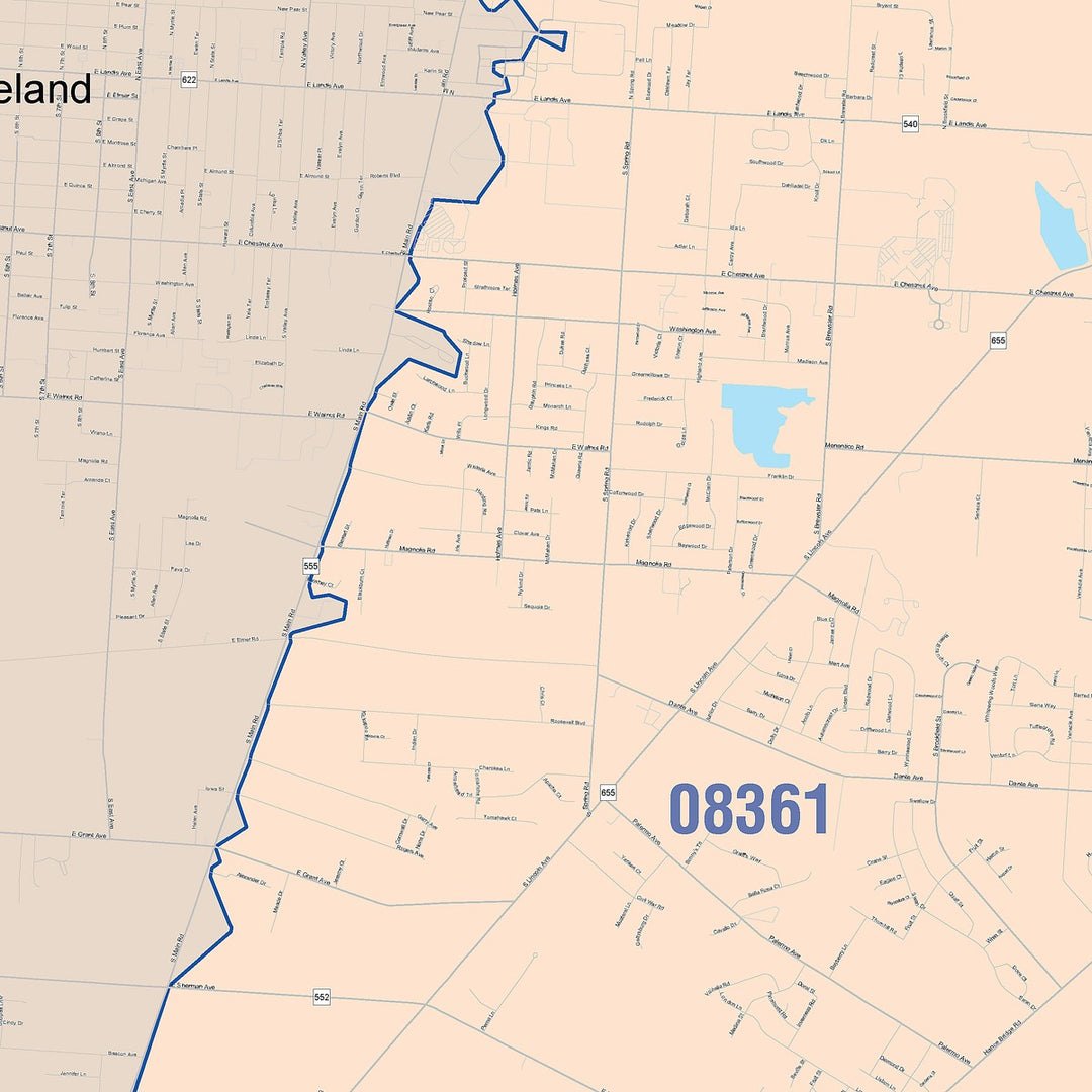 Color Cast Zip Code Style Wall Map of Vineland, NJ