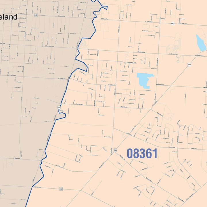 Color Cast Zip Code Style Wall Map of Vineland, NJ