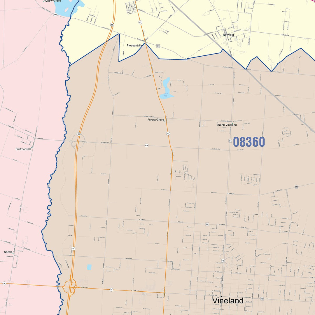 Color Cast Zip Code Style Wall Map of Vineland, NJ