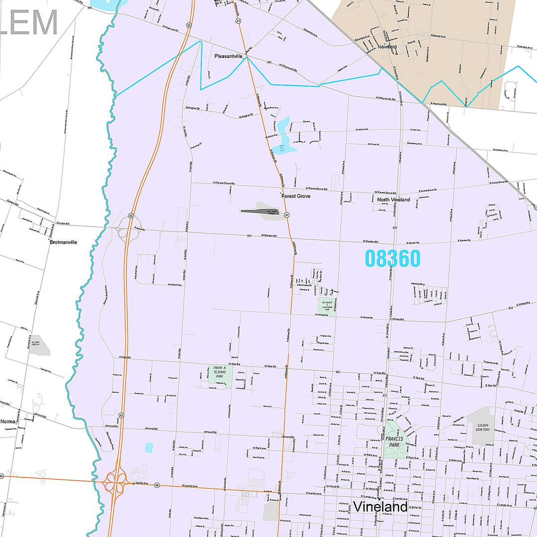 Premium Style Wall Map of Vineland, NJ