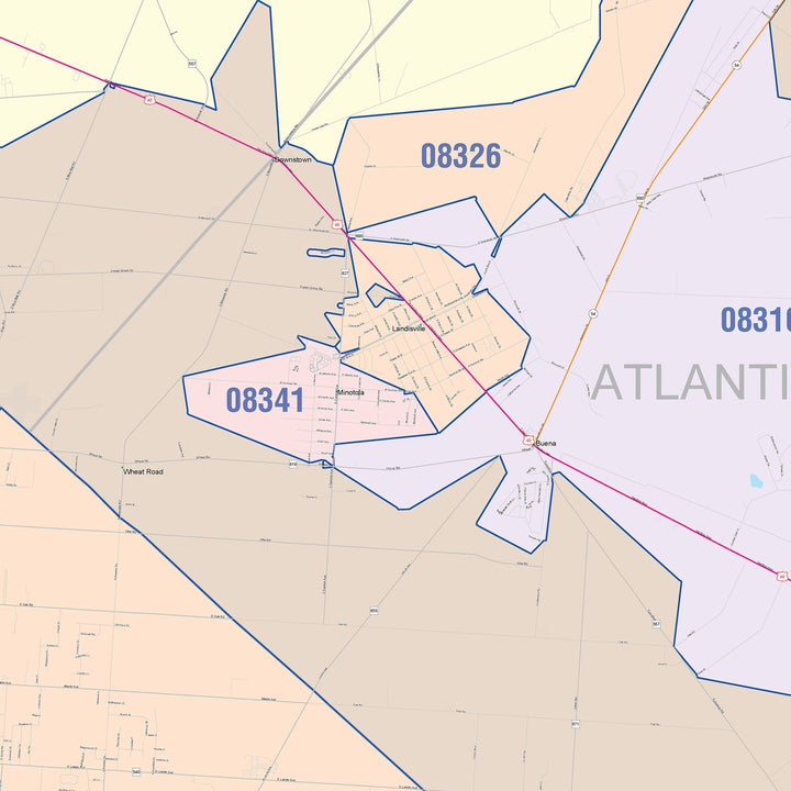 Color Cast Zip Code Style Wall Map of Vineland, NJ