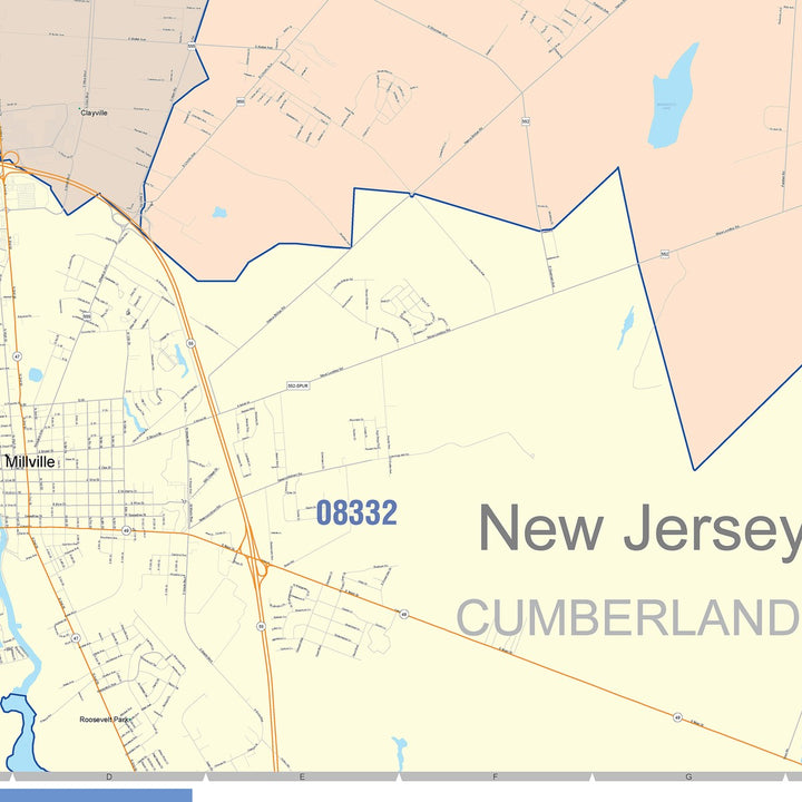 Color Cast Zip Code Style Wall Map of Vineland, NJ