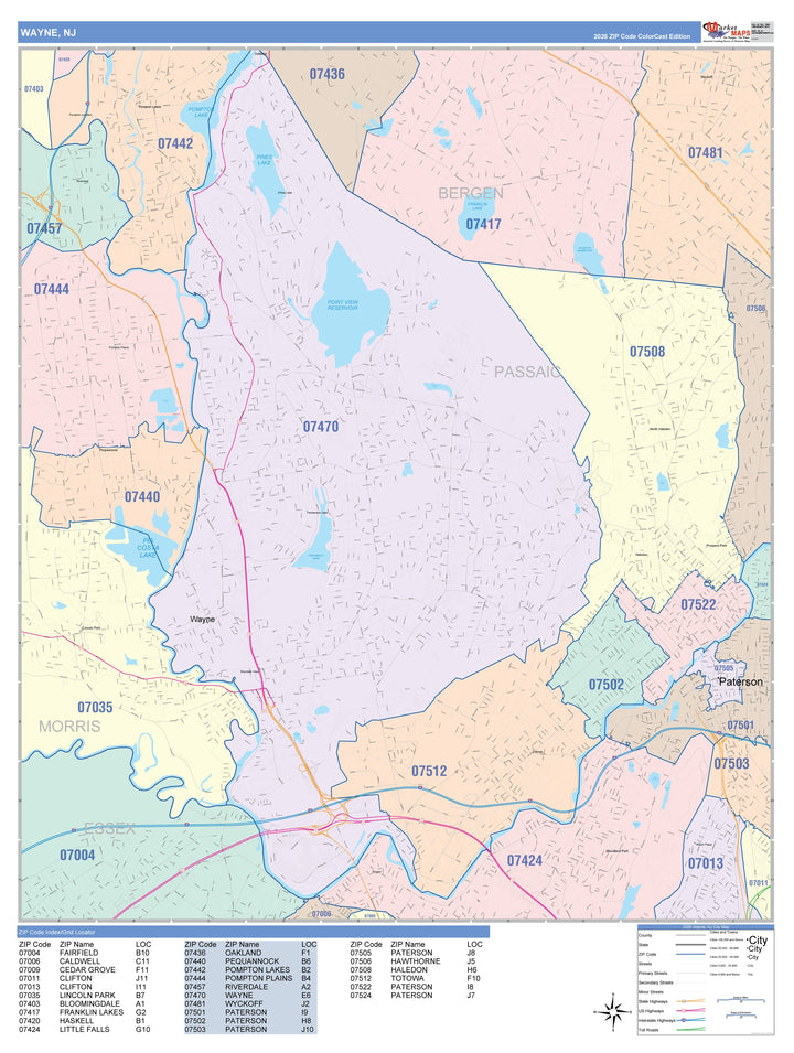 Color Cast Zip Code Style Wall Map of Wayne, NJ
