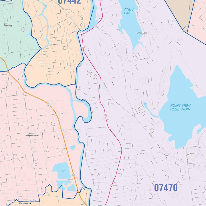 Color Cast Zip Code Style Wall Map of Wayne, NJ