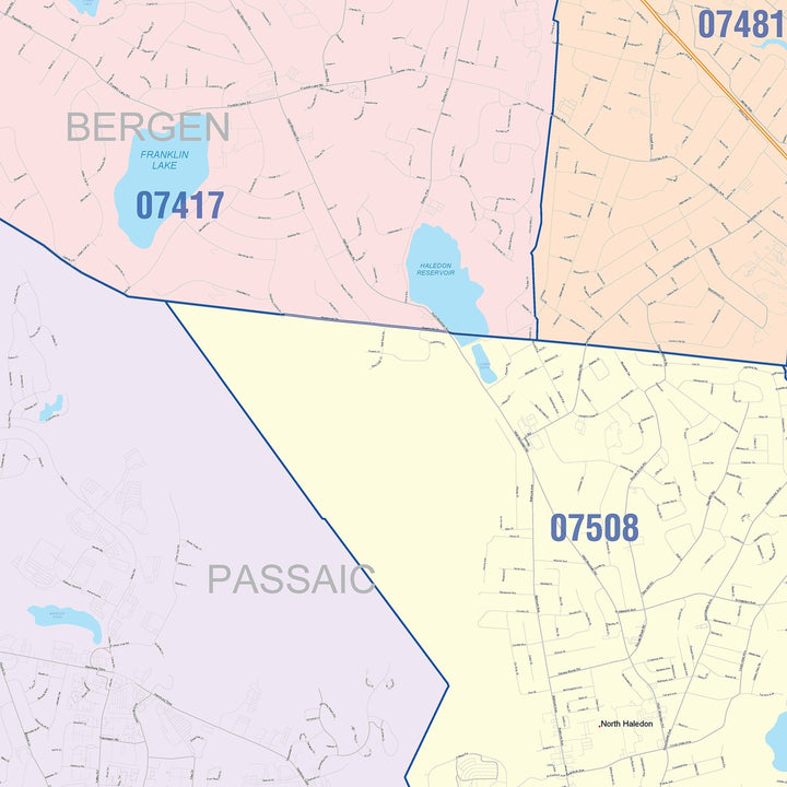 Color Cast Zip Code Style Wall Map of Wayne, NJ