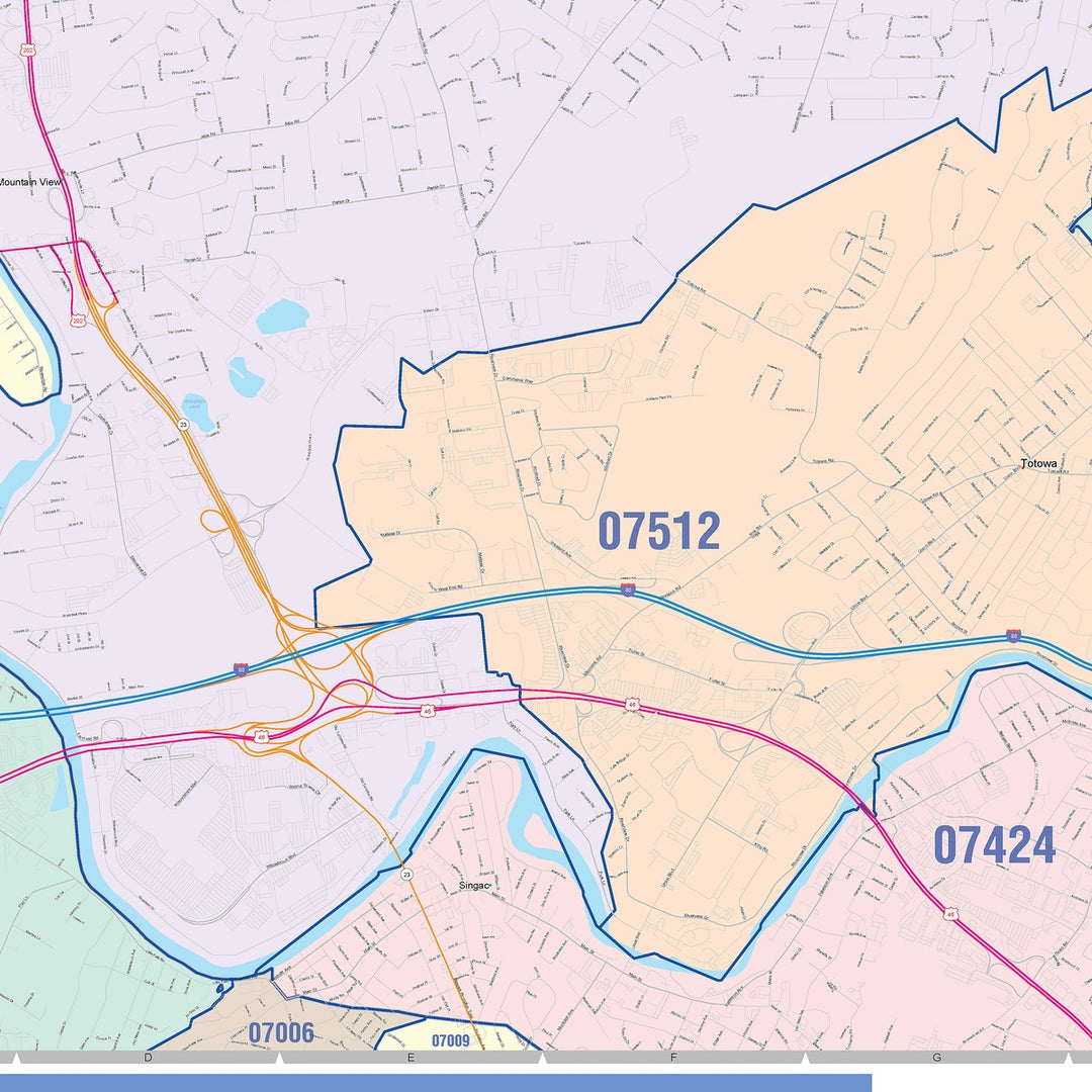 Color Cast Zip Code Style Wall Map of Wayne, NJ