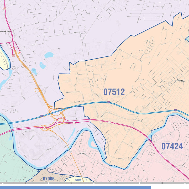 Color Cast Zip Code Style Wall Map of Wayne, NJ