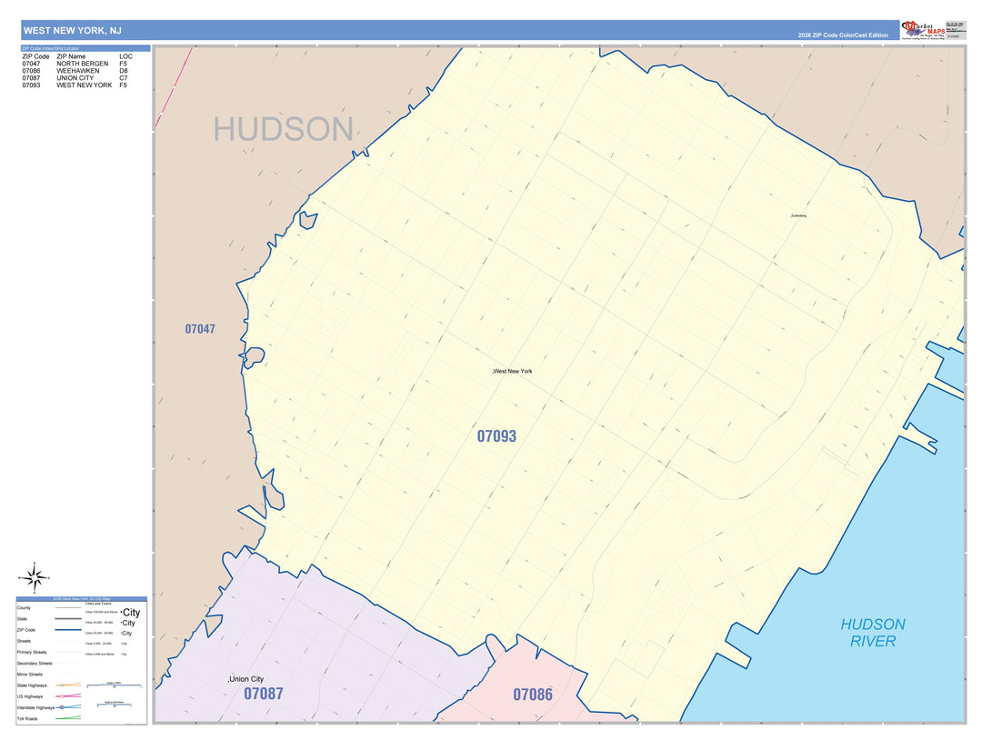 Color Cast Zip Code Style Wall Map of West New York, NJ