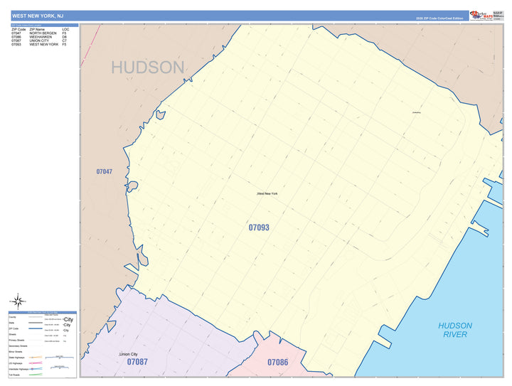 Color Cast Zip Code Style Wall Map of West New York, NJ