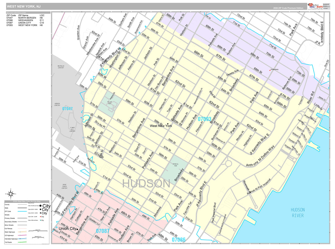Premium Style Wall Map of West New York, NJ