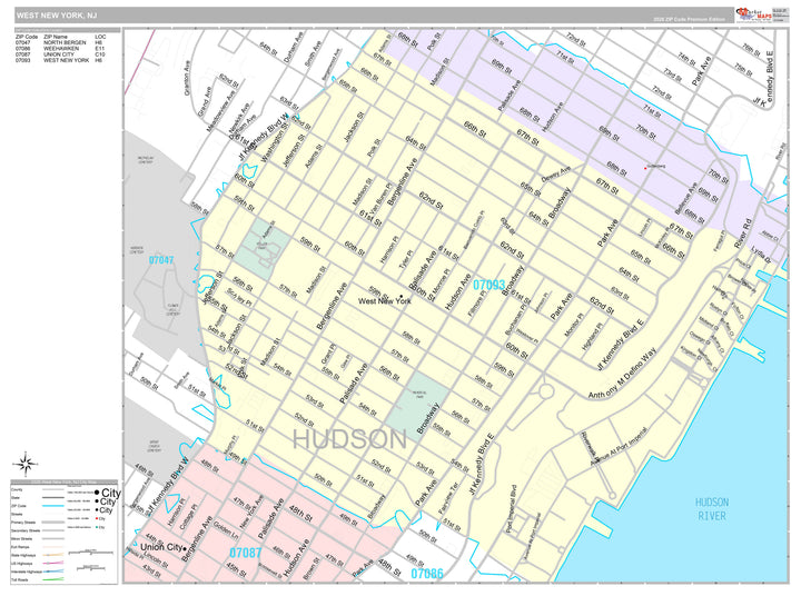 Premium Style Wall Map of West New York, NJ