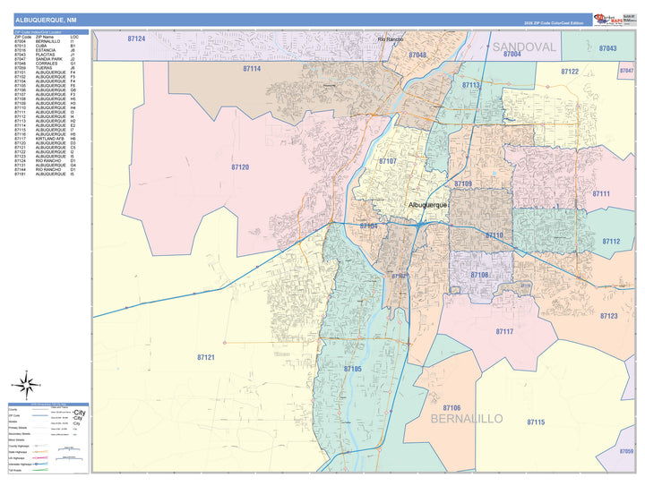 Color Cast Zip Code Style Wall Map of Albuquerque NM