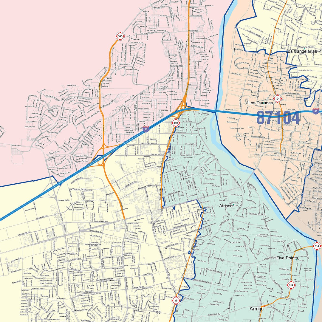 Color Cast Zip Code Style Wall Map of Albuquerque NM