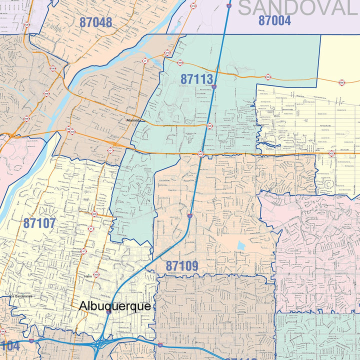 Color Cast Zip Code Style Wall Map of Albuquerque NM