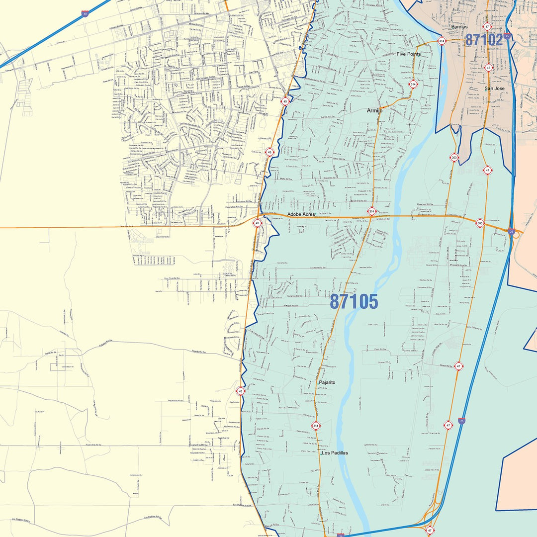 Color Cast Zip Code Style Wall Map of Albuquerque NM