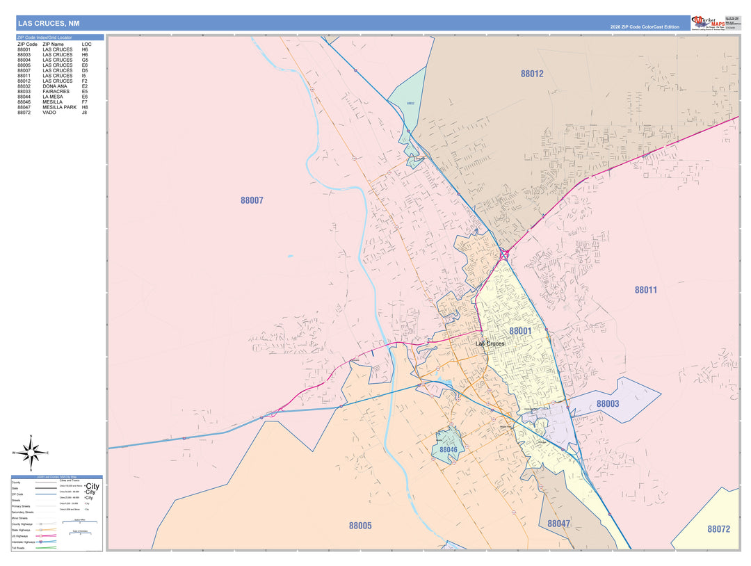 Color Cast Zip Code Style Wall Map of Las Cruces, NM