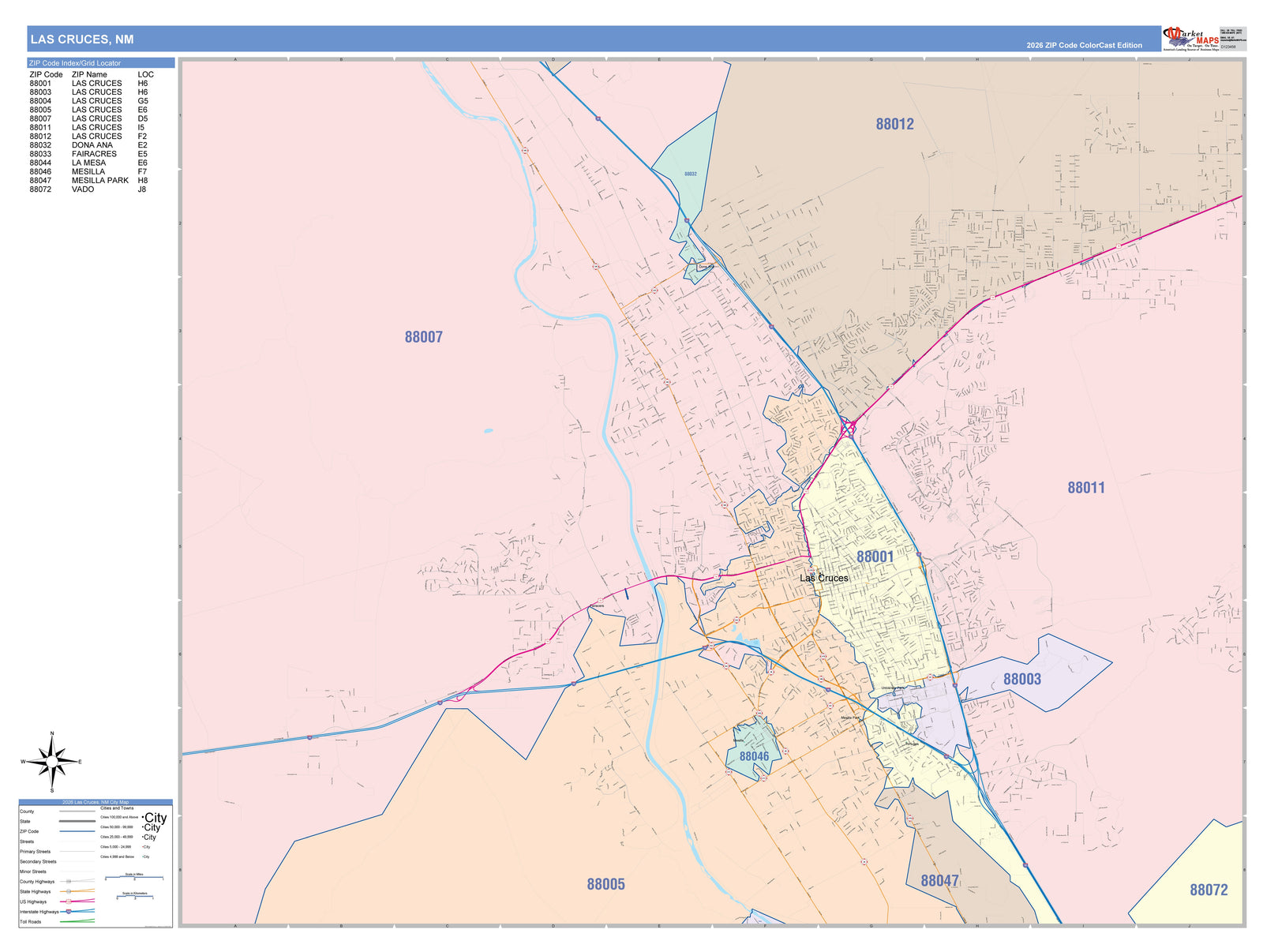 Color Cast Zip Code Style Wall Map of Las Cruces, NM