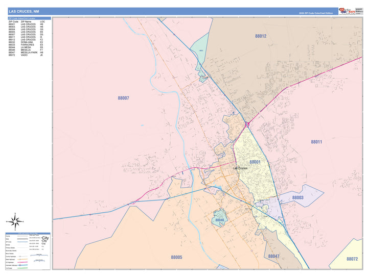 Color Cast Zip Code Style Wall Map of Las Cruces, NM