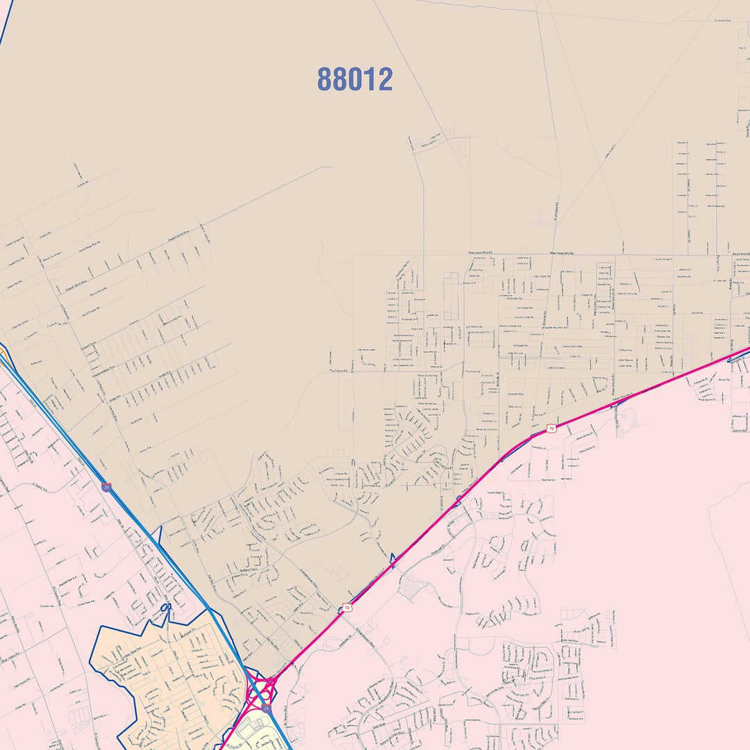 Color Cast Zip Code Style Wall Map of Las Cruces, NM
