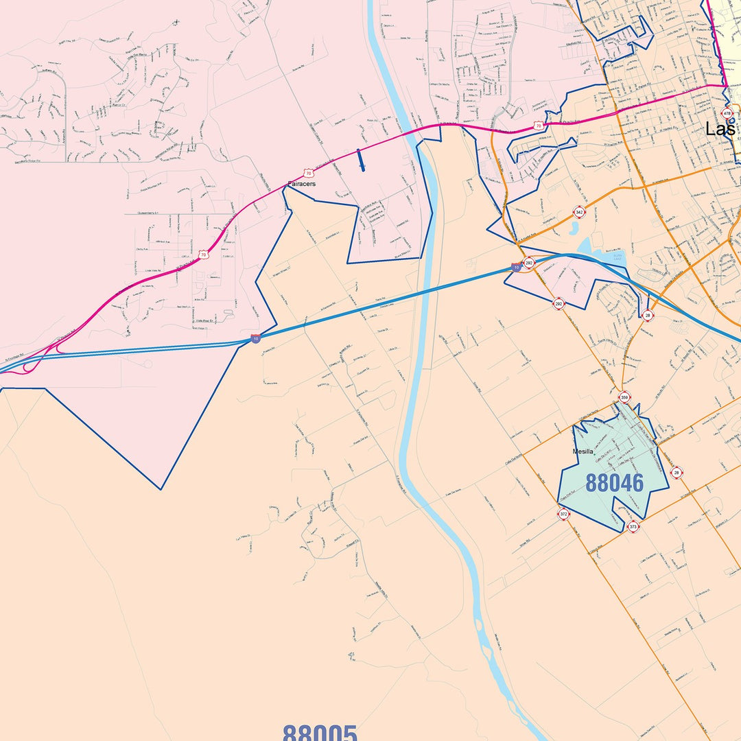 Color Cast Zip Code Style Wall Map of Las Cruces, NM