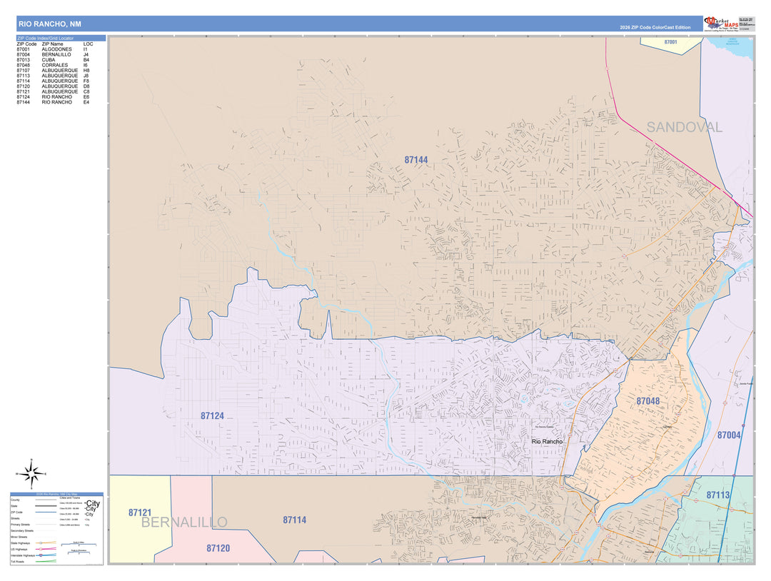 Color Cast Zip Code Style Wall Map of Rio Rancho, NM
