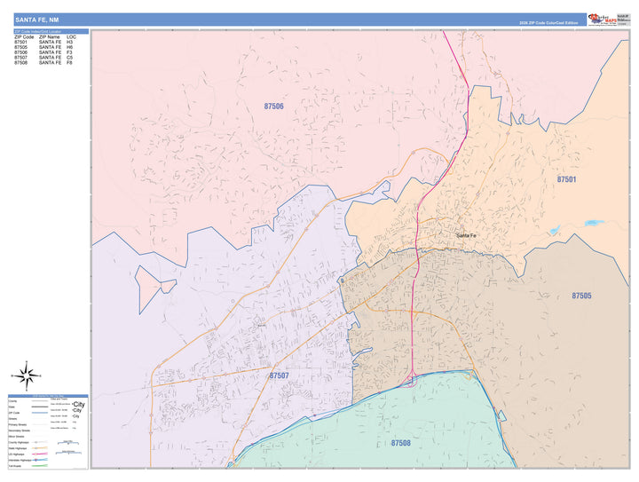 Color Cast Zip Code Style Wall Map of Santa Fe, NM