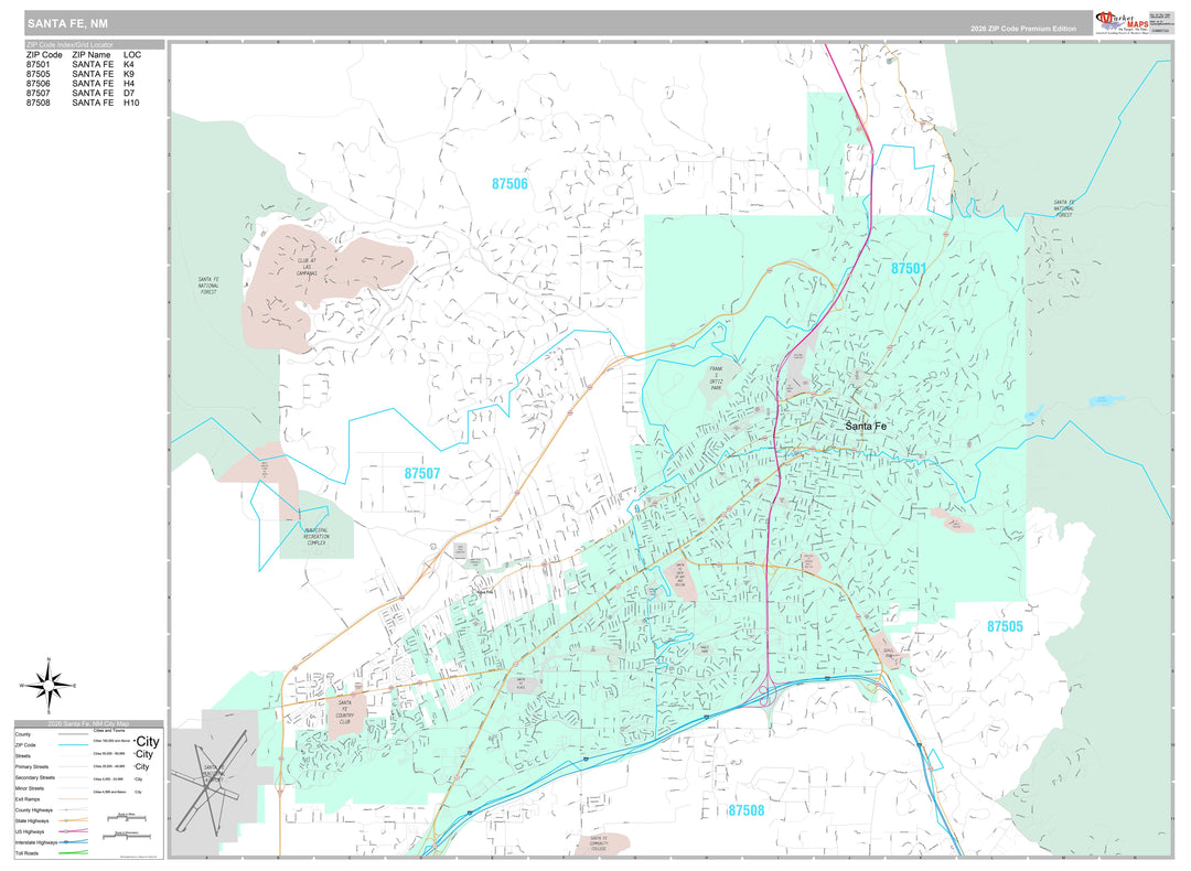 Premium Style Wall Map of Santa Fe, NM