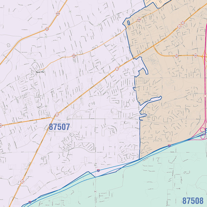 Color Cast Zip Code Style Wall Map of Santa Fe, NM