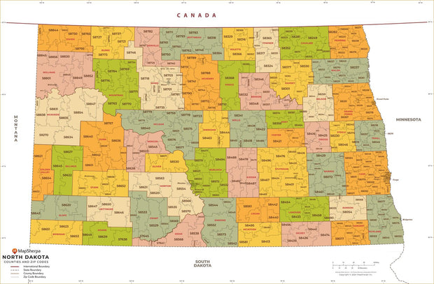 North Dakota Zip Code Map with Counties