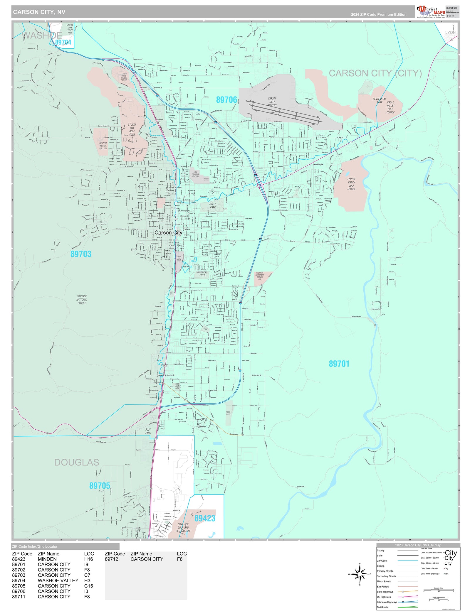 Premium Style Wall Map of Carson City, NV