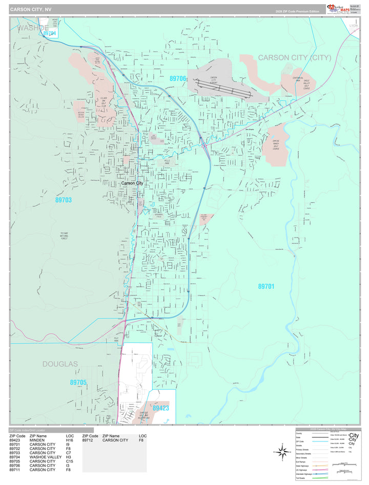Premium Style Wall Map of Carson City, NV