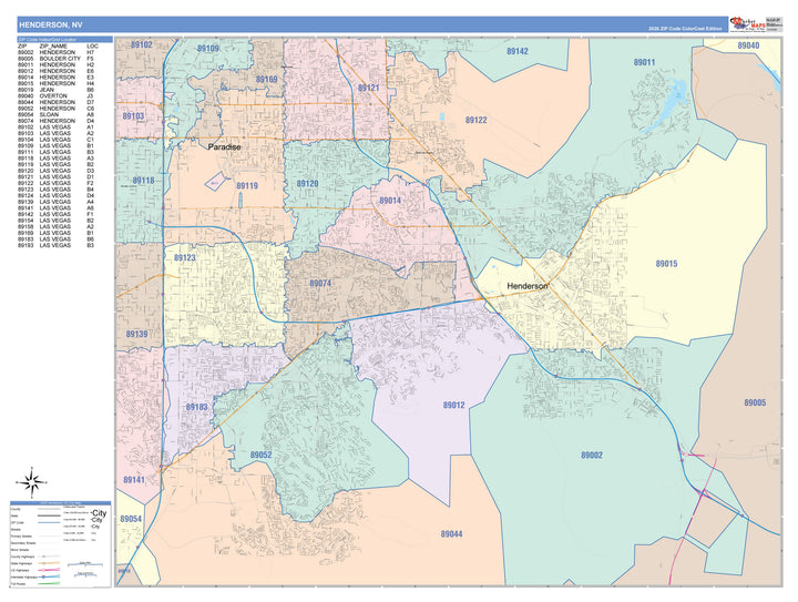 Color Cast Zip Code Style Wall Map of Henderson, NV