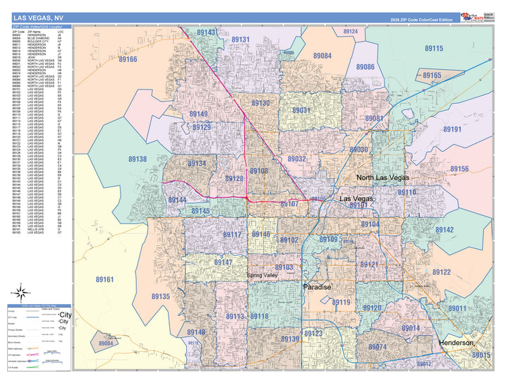 Color Cast Zip Code Style Wall Map of Las Vegas NV