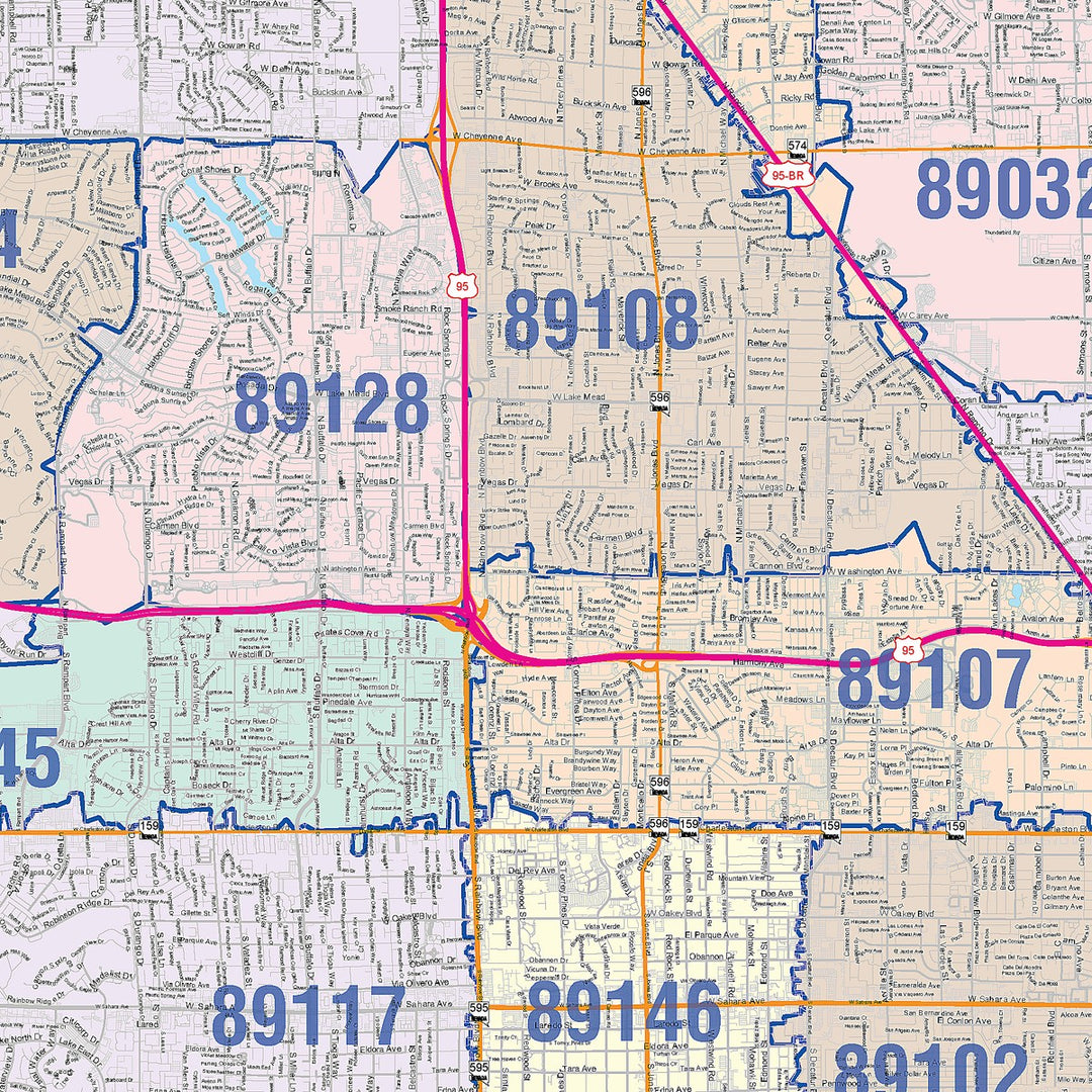 Color Cast Zip Code Style Wall Map of Las Vegas NV